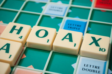 Mulhouse - France - 11 October 2019 - Closeup of plastic letters on Scrabble board game forming the word : Hoaxのeditorial素材