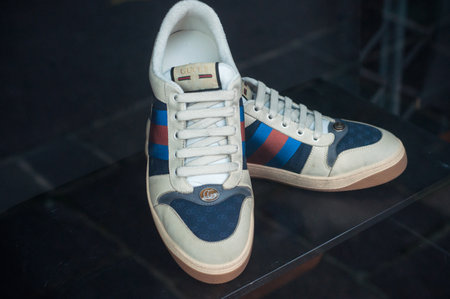 Mulhouse - France - 13 October 2019 - Closeup of leather snakers from Gucci brand in luxury fashion store showroomのeditorial素材