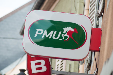 Mulhouse - France - 24 October 2019 - Closeup of PMU logo on store front, the famous french betting sport organisationのeditorial素材