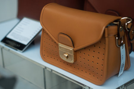 Mulhouse - France - 27 October 2019 - Closeup of Longchamp leather handbag in a luxury fashion store showroomのeditorial素材