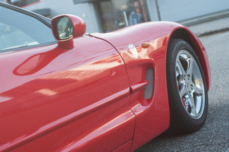 Mulhouse - France - 13 October 2019 - Closeup of front view of red Chevrolet Corvette parked in the streetのeditorial素材