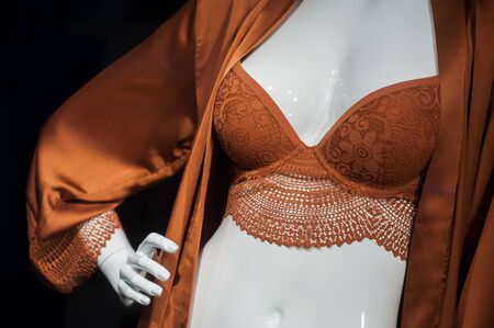 closeup of brown bra on mannequin in fashion store showroom for womenの写真素材