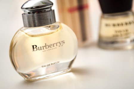 Mulhouse - France - 18 November 2019 - Closeup of Burberry perfume in a miniature bottles on white backgroundのeditorial素材