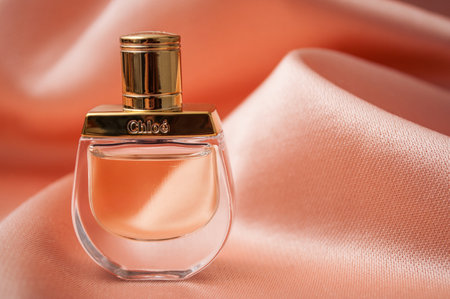 Mulhouse - France - 13 November 2019 - Closeup of Chloe perfume in a transparent bottle on satin backgroundのeditorial素材