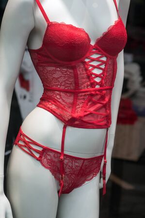 closeup of red underwear on mannequin in fashion store showroom for womenの写真素材