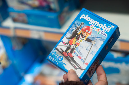Mulhouse - France - 7 December 2019 - Closeup of playmobil toys in a blue box packaging a toys storeのeditorial素材
