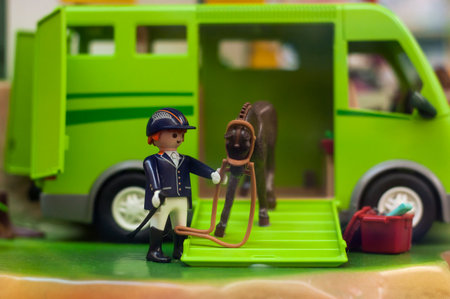 Mulhouse - France - 7 December 2019 - Closeup of playmobil figurines scenery with truck and horse in a toys storeのeditorial素材