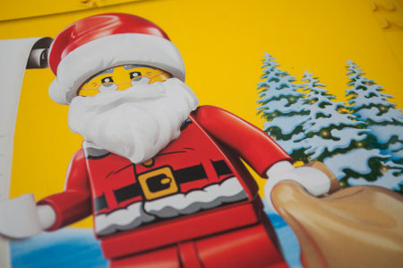 Mulhouse - France - 9 December 2019 - Closeup of sat a Claus character on Lego toys catalogのeditorial素材