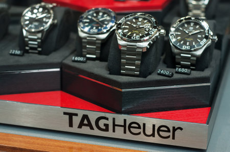Mulhouse - France - 22 December 2019 - Closeup of Tag Heuer watches in a luxury Jewelry store showroomのeditorial素材