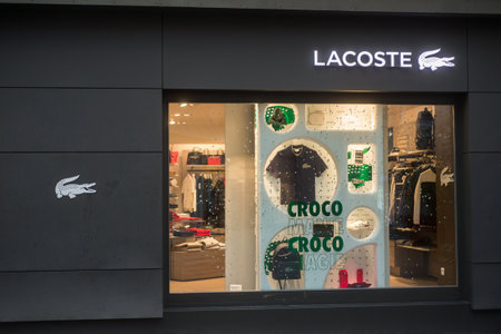 Mulhouse - France - 4 January 2020 - front view of Lacoste Store, Lacoste is the famous french brand of sport wearのeditorial素材