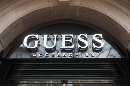 Colmar - France - 26 January 2020 - Closeup of Guess logo on luxury store front in the streetのeditorial素材