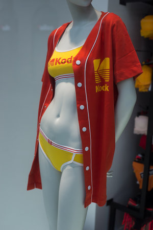 Mulhouse - France - 26 January 2020 - Closeup of Kodak films logo on colorful underwaer on mannequin in a fashion store showroomのeditorial素材