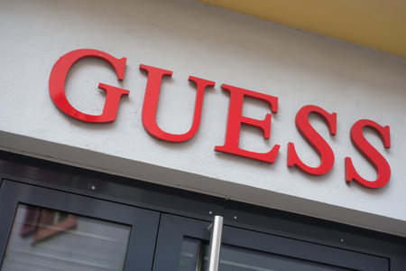 Colmar - France - 26 January 2020 - Closeup of Guess logo on luxury store front in the streetのeditorial素材