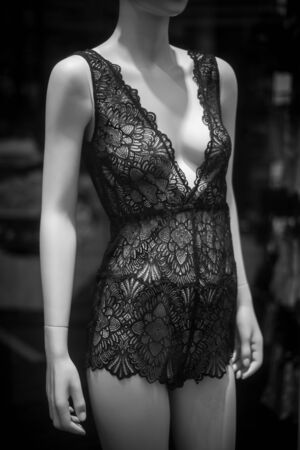 closeup of black nightie on mannequin  in underwear fashion store showroomの写真素材