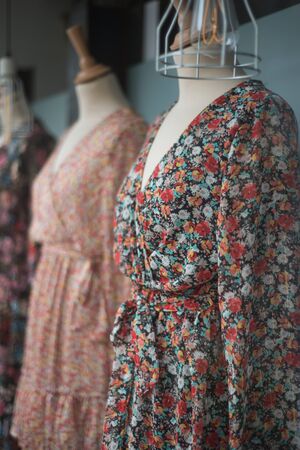 Clseup of vintage dress on mannequin in a fashion sotre showroomの写真素材