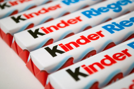 Mulhouse - France - 6 February 2020 - Closeup of Kinder chocolate bar by ferrero compagny on white backgroundのeditorial素材