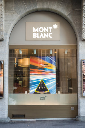 Basel - Switzerland - 7 February 2020 - View of Mont Blanc fashion store showroom, the famous brand of french luxury accessoriesのeditorial素材