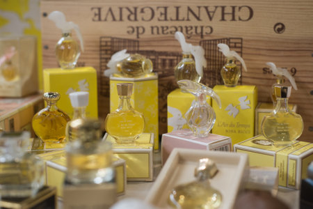 Mulhouse - France - 9 February 2020 - Closeup of miniature bottles colletion by Nina Ricci at the flea marketのeditorial素材