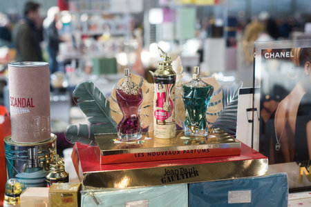 Mulhouse - France - 9 February 2020 - Closeup of Miniature bottles of perfume by Jean Paul Gaultier at the flea marketのeditorial素材