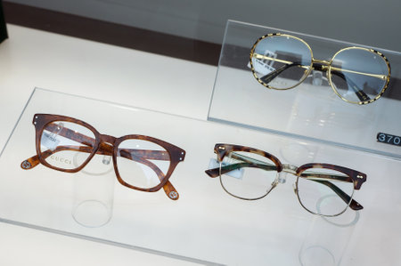 Mulhouse - France - 9 February 2020 - Closeup of eyeglasses by Gucci in a optician store showroom