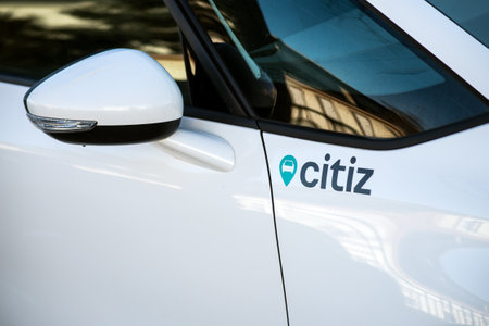 Mulhouse - France - 9 February 2020 - Closeup of Citiz logo on rental car parked in the street