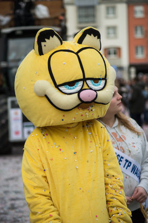 riedisheim - France - 8 February 2020 - Portrait of people with garfield cat costume parading in the streetのeditorial素材