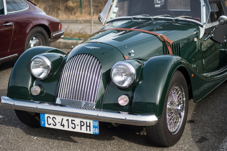 Mulhouse - France - 8 March 2020 - Front view of green Morgan plus 8 parked in the streetのeditorial素材