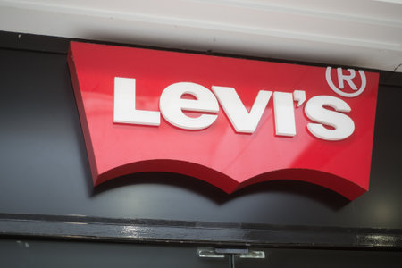Mulhouse - France - 16 March 2020 - Closeup of Levi's jeans logo on store front in the street