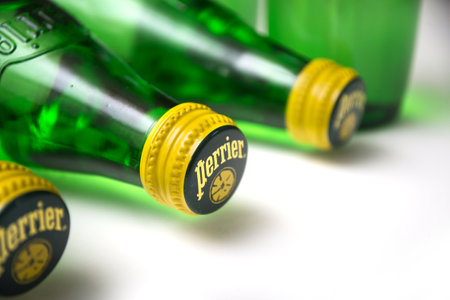 Mulhouse - France - 26 March 2020 - Closeup of carbonated water by Perrier on white backgroundのeditorial素材