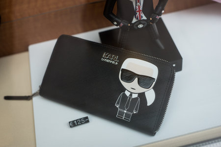 Mulhouse - France - 14 June 2020 - Closeup of black and white leather handbag by Karl Lagerfeld in a luxury fashion store showroomのeditorial素材
