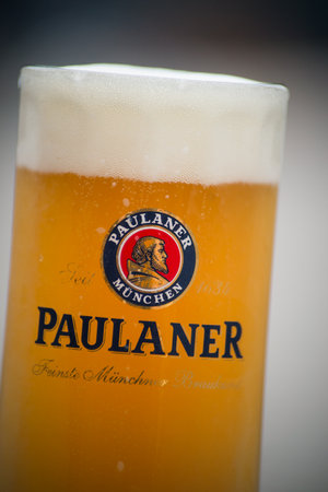 Mulhouse  France - 27 June 2020 - Closeup of glass of french beer from Paulaner" brand at restaurant terraceのeditorial素材