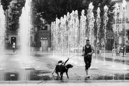 Bezier -France - 9 July 2020 - Portait of man with dogs running in the fountain on the main place in the cityのeditorial素材
