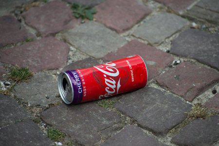 Mulhouse - France - 21 August 2020 - Closeup of coca cola can abandonned in the street on...