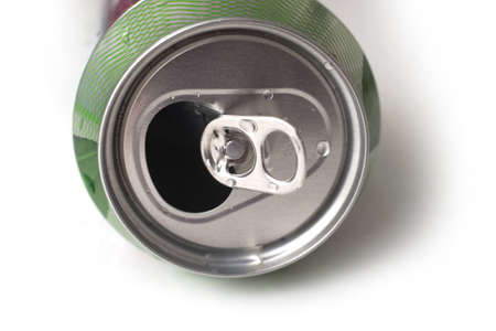 Closeup of open aluminium can on white background