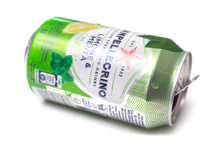 Mulhouse - France - 25 August 2020 - Closeup of empty alkaline mineral water in aluminium can by san...