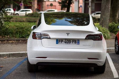 Mulhouse - France - 6 September 2020 - Rear view of white tesla car parked in the streetのeditorial素材