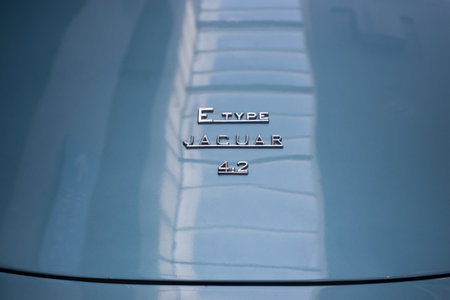 Mulhouse - France - 13 September 2020 - Closeup of sign of vintage Jaguar E-TYPE parked in the streetのeditorial素材