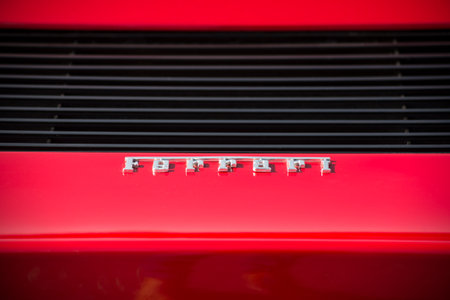 Mulhouse - France - 13 September 2020 - Closeup of mirror red Ferrari testa rossa parked in the...