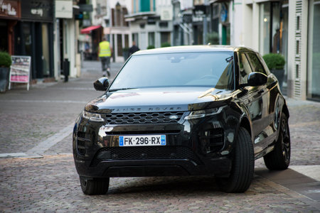 Mulhouse - France - 21 September 2020 - Front view of black range rove crossover parked in the streetのeditorial素材