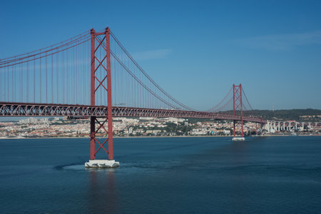 Lisbon - Portugal - 29 September 2020 - panorama of the famous 25th April suspension bridge on the tage riverのeditorial素材