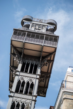 Lisbon - Portugal - 30 September 2020 - Closeup of the famous santa justa elevator on blue sky...