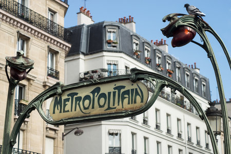 Paris - France - 23 October 2020 - view of the famous retro metropolitan entry in the streetのeditorial素材