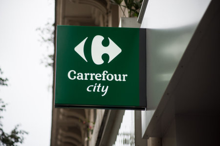 Paris - France - 24 October 2020 - Closeup of Carrefour city sign on store frontのeditorial素材