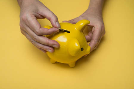Closeup of hands of man insert one euro coin in his yellow piggy bank on yellow backgroundの写真素材