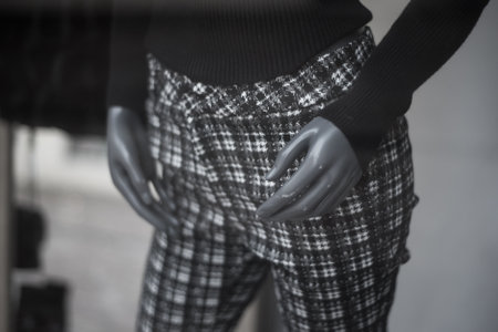 Closeup of classic black and white pants on mannequin in a fashion store showroomの写真素材