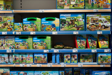 Mulhouse - France - 17 December 2020 - Closeup of playmobil figurines  in a blue box packaging in a toys store supermarketのeditorial素材