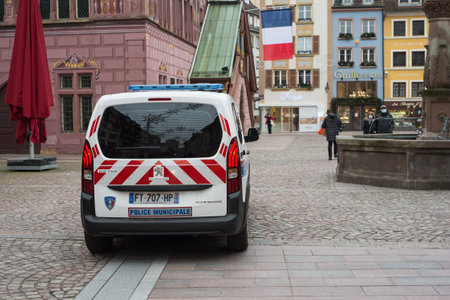 Mulhouse - France - 5 January 2021 - Rear view of  french municipal police car patrolling in the streetのeditorial素材