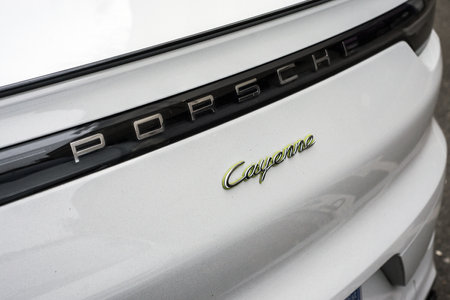 Mulhouse - France - 5 January 2021 - Closeup of rear view of white Porsche Cayenne, the famous...