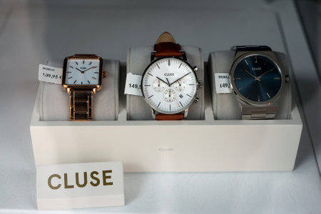 Mulhouse - France - 31 January 2021 -  Closeup of watches by Cluse brand in a jewelry store showroom