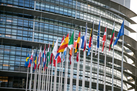 Strasbourg - France - 4 February 2021 - Closeup of european flags in front of the european...